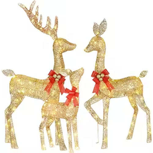 Lighted Christmas Decoration Deer 3 Piece, HOYECHI Light up Christmas Decor Reindeer Family Set for Indoor Outdoor Front Yard Porch with 210 LED Lights, Plug, Ground Stakes - Gold