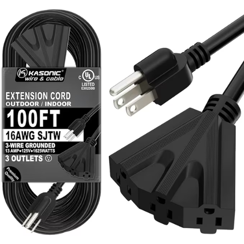 Kasonic 100 Ft Extension Cord with 3 Outlets, UL Listed 16/3 SJTW 3-Wire Grounded, 13A 125V 1625W for Indoor/Outdoor Use - Black