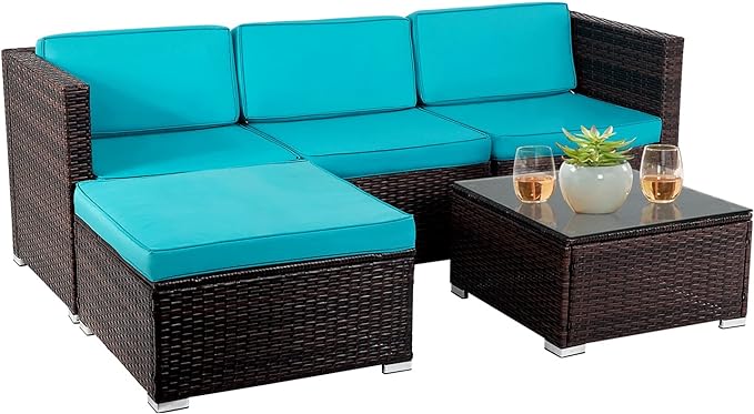 5 Piece Outdoor Rattan Sectional Sofa Set Conversation Set with Cushions and Ottoman Chair Armless Chair Glass Table for Porch Poolside Balcony Garden Lawn