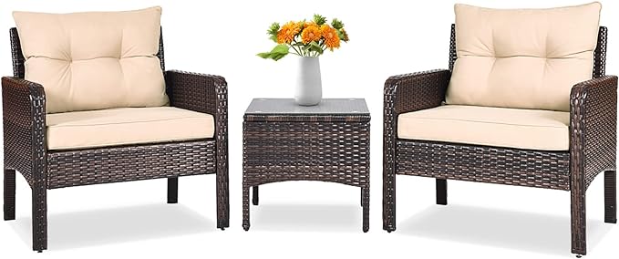 Tangkula 3 Piece Outdoor Patio Furniture Set for 2, Wicker Chairs with Glass Top Coffee Table, Thick Cushions, All Weather Garden Lawn Poolside Backyard Porch